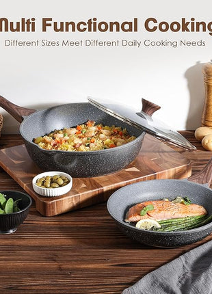 SENSARTE Nonstick Frying Pan Skillets, Swiss Granite Coating Omelette Pans, Healthy Cookware, Free of Intentionally Added PFOA (9.5 Inch Frying Pan and 5QT Saute Pan)