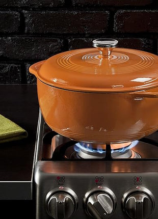 Lodge 6 Quart Enameled Cast Iron Dutch Oven with Lid – Dual Handles – Oven Safe up to 500° F or on Stovetop - Use to Marinate, Cook, Bake, Refrigerate and Serve – Pumpkin