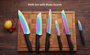 Marco Almond Kitchen Knife Set, KYA36 12-Piece Rainbow Color Stainless Steel Chef Boxed Knives Set for Kitchen with Covers, 6 Knives with 6 Blade Guards, Black