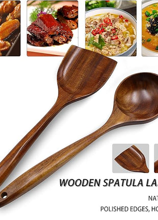 FJNATINH Wooden Wok Spatula Ladle Tool Set, 14-inch Long Handle Teak Wok Spatula
