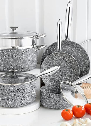 MICHELANGELO Stone Cookware Set 10 Piece, Ultra Nonstick Pots and Pans Set with Granite Coating, Kitchen Cookware Sets, Stone Pots and Pans Set, Granite Pots and Pans Set - 10 Piece