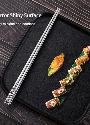 Metal Chopsticks Reusable 316 Stainless Steel Chopsticks Multipack Dishwasher Safe Chop Sticks Square Fancy Laser Engraved Non-slip Korean Chopstick for Cooking Eating 9.45 Inches 5 Pairs Gift Set