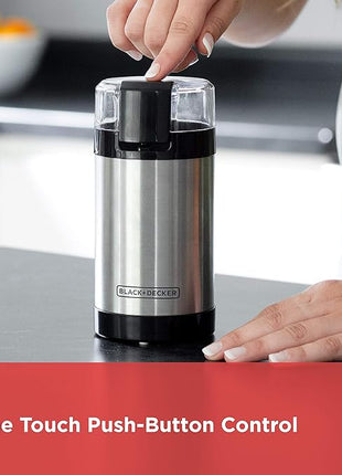 BLACK+DECKER One Touch Coffee Grinder, 2/3 Cup Coffee Bean Capacity, Spice Grinder, One Touch Push-Button Control -150 Watts- Stainless Steel Blades