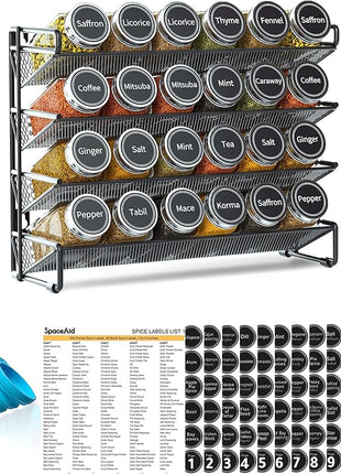 SpaceAid Spice Rack Organizer with 24 Spice Jars, 386 Spice Labels, Chalk Marker and Funnel Set for Cabinet, Countertop, Pantry, Cupboard or Door & Wall Mount -24 Jars, 11.8" W × 10.8" H, Black