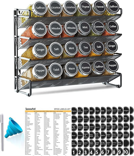 SpaceAid Spice Rack Organizer with 24 Spice Jars, 386 Spice Labels, Chalk Marker and Funnel Set for Cabinet, Countertop, Pantry, Cupboard or Door & Wall Mount -24 Jars, 11.8" W × 10.8" H, Black