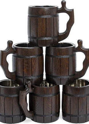 Set of 6 Beer Mug 20 OZ - Tankard Mug - Beer stein - Wooden beer mug - Stainless Steel Cup - Handmade Gifts for Men - Fathers Day, Christmas or Birthday Gift Idea - Barrel Brown