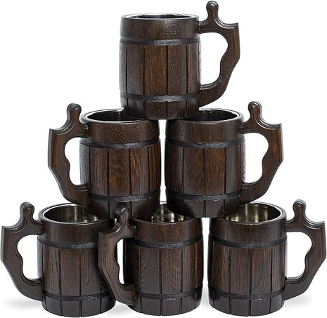 Set of 6 Beer Mug 20 OZ - Tankard Mug - Beer stein - Wooden beer mug - Stainless Steel Cup - Handmade Gifts for Men - Fathers Day, Christmas or Birthday Gift Idea - Barrel Brown
