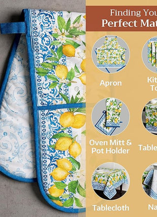 Maison d' Hermine Double Oven Mitts 100% Cotton 7"x35" Double Oven Mitt Heat Resistant BBQ Cooking Gloves with Loop, Baking, Grilling, Home, Kitchen, Handling Hot Pans Spring Summer (Cedrat)