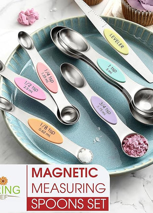 Spring Chef Stainless Steel Magnetic Measuring Spoons Set of 8 with Leveler, Metal Teaspoon & Tablespoon Measuring Spoons for Dry and Liquid Ingredients, Kitchen Gadgets for Baking & Cooking - Pastel