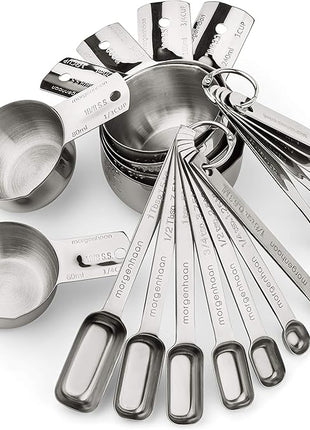 Heavy-Duty 304 Stainless Steel Measuring Cup Set (18-Piece) - Stackable, Dual Metric/US, Long & Narrow Spoons for Spice Jars + 5 Mini Spoons