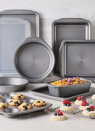 Circulon Nonstick Heavy Gauge Steel Bakeware Set with Rolled Pan Edges Loaf Pan, Cookie Pan, Baking Pans, Cake Pans, Muffin Pan and Cooling Rack (10-Piece, Gray)