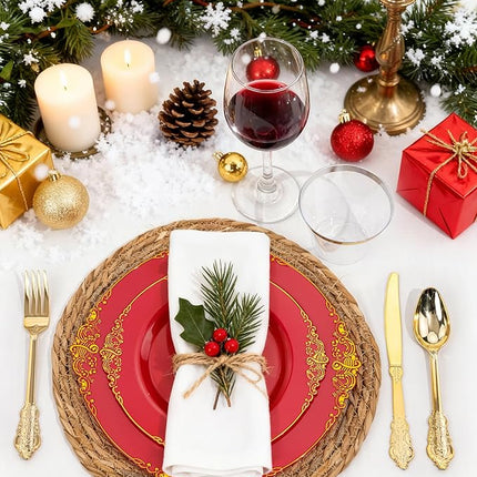 Nervure 350PCS Red Plastic Plates - Red Gold Plastic Dinnerware Sets for 50 Guests - 100 Gold Disposable Plates, 50 Pre Rolled Silverware Sets, 50 Cups Perfect for Wedding & Party