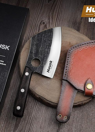 Huusk Serbian Chef Knife with Full Tang Handle Forged Butcher Knives for Meat Cutting Meat Cleaver Knife with Sheath for Halloween Kitchen Hunting or Camping Christmas Gift for Men and Women