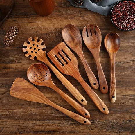 Wooden Kitchen Cooking Utensils Set, NAYAHOSE 7 Pcs Natural Teak Wooden Spoons and Spatulas for Non-stick Pan