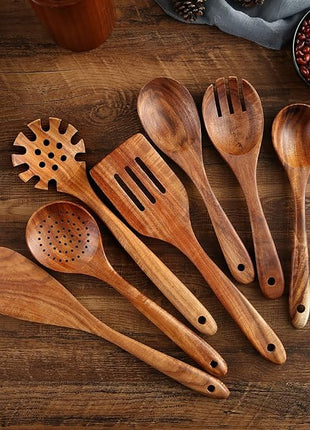 Wooden Kitchen Cooking Utensils, NAYAHOSE 8 Pcs Natural Teak Wooden Spoons Spatulas and Wooden Storage Barrel for Non-stick Pan