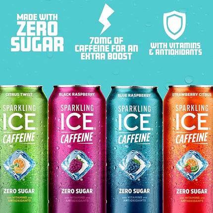 Sparkling Ice Caffeine Variety Pack, Flavored Sparkling Water, Zero Sugar, with Vitamins and Antioxidants, 16 fl oz, 12 count (Citrus Twist, Black Raspberry, Blue Raspberry, Strawberry Citrus)