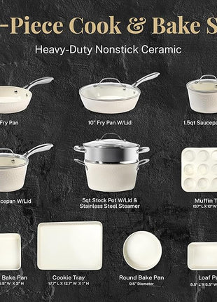 Gotham Steel Hammered 15Pcs Ceramic Cookware Set Nonstick, Induction Pots and Pans Set Non Stick with Bakeware Set & Steamer for Cooking, Non Toxic PFOA PFOS Free, Oven & Dishwasher Safe, Cream White