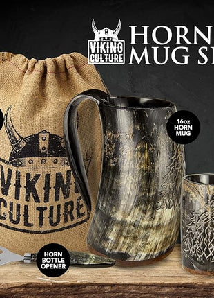 Viking Horn Mug Gift Set Christmas Gifts for Men – 16oz Beer Tankard, Shot Glass, Bottle Opener – Medieval Drinking Horn Stocking Stuffer for Dad Husband – Unique Holiday Birthday Present