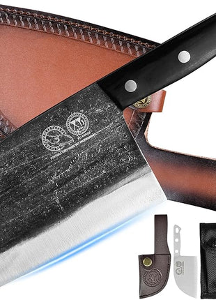 XYJ Authentic Since 1986,Outstanding Ancient Forging,6.7 Inch Full Tang,Serbian Chefs knife,Chef Meat Cleaver,Kitchen Knives,Set with Leather Sheath,Take Carrying,Butcher
