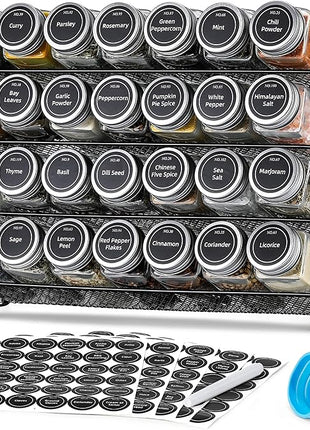 AOZITA Spice Rack Organizer with 28 Empty Spice Jars with Silver Lids, Funnel, Labels - Seasoning Organizer for Countertop, Cabinet, Kitchen, Pantry