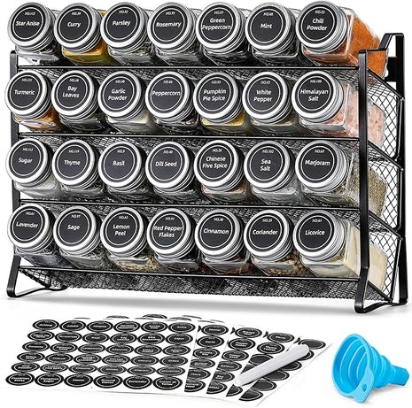 AOZITA Spice Rack Organizer with 28 Empty Spice Jars with Silver Lids, Funnel, Labels - Seasoning Organizer for Countertop, Cabinet, Kitchen, Pantry