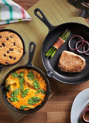 Jim Beam HEA Set of 3 Pre Seasoned Cast Iron Skillets with Even Distribution and Heat Retention-6" 8" 10", 10'', Black,JB0195