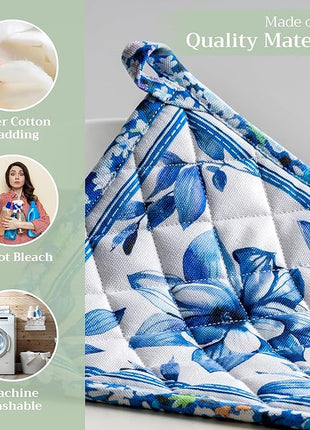 Maison d' Hermine Pot Holders 100% Cotton Heat Resistant Potholders 8" x 8" Hot Pads with Loop BBQ, Cooking, Baking, Grilling, Kitchen, Handling Hot Pans Spring/Summer (Pack of 1, Summer Blues)