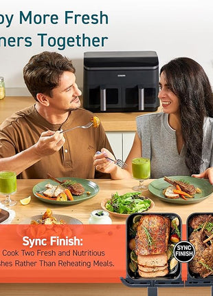 COSORI Dual Air Fryer 9Qt – 10-in-1, Fresh Balanced Meals for Family and Children with Double Baskets, Sync Cook & Finish to Bake, Roast, Reheat, Broil & 130 Recipes for Easy Cooking, Dishwasher Safe