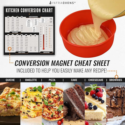 INFRAOVENS Round Silicone Cake Pan and Cupcake Liners – Nonstick Molds for Baking with Kitchen Conversion Chart and Recipes Booklet, BPA Free, 9.5 inch