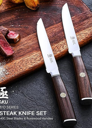 KYOKU 5 Inch Steak Knife Set of 4 - Daimyo Series Japanese 440C Stainless Steel Serrated Steak Knives - Ergonomic Rosewood Handles Mosaic Pins - with Sheaths & Case