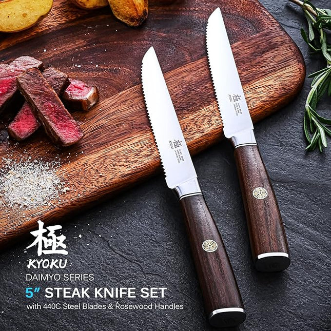 KYOKU 5 Inch Steak Knife Set of 4 - Daimyo Series Japanese 440C Stainless Steel Serrated Steak Knives - Ergonomic Rosewood Handles Mosaic Pins - with Sheaths & Case
