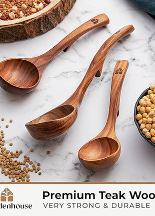 Wooden Ladle for Soup, 3 Size Teak Wood Ladle Spoon with Back Hooks for Pot & Bowl, Non-Stick Wooden Spoon Set for Cooking, Serving and Stirring