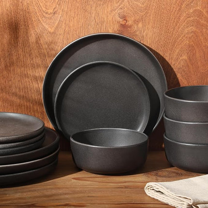Gibson Elite Pasco 12 Piece (Service for 4) Plates and Bowls Reactive Glaze Dishes Stoneware Ceramic Dinnerware Set - Black