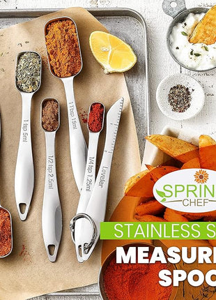 Spring Chef Stainless Steel Measuring Spoons Set of 6 with Leveler, Rectangular Metal Teaspoon & Tablespoon Measuring Spoons for Dry & Liquid Ingredients - Nesting Kitchen Gadgets For Baking & Cooking