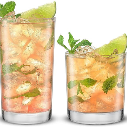 JoyJolt Alain Drinking Glasses Set of 8 Glass Tumblers. Highball 14oz Bar Glasses and Lowball 10oz Rocks Glasses Set. Cocktail, Juice, Whiskey Glasses or Water Glasses. Kitchen or Bar Glassware Set