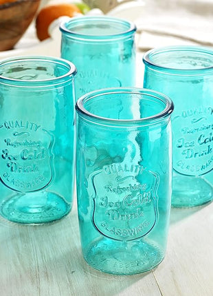 Glaver's Highball Glasses Set of 4 – 20oz Artistic Ice-Cold Pretty Blue – Vintage Glassware with Embossed Logo – Beverage Drinking Glasses for Water, Juice, Cocktails. Hand Wash.