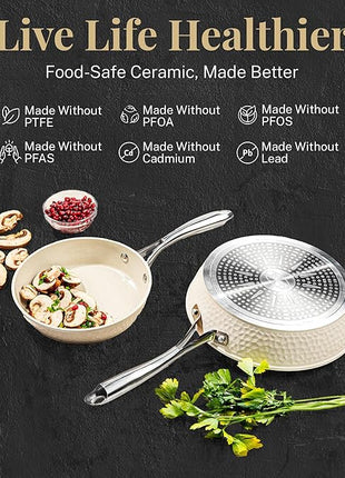 Gotham Steel Hammered 15Pcs Ceramic Cookware Set Nonstick, Induction Pots and Pans Set Non Stick with Bakeware Set & Steamer for Cooking, Non Toxic PFOA PFOS Free, Oven & Dishwasher Safe, Cream White