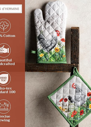 Maison d' Hermine 100% Cotton Oven Mitt & Pot Holder Set (7.5"x13" & 8"x8") Heat Resistant BBQ Cooking Gloves with Loop, Baking, Grilling, Kitchen, Handling Hot Pans Spring/Summer (Basse Cour)