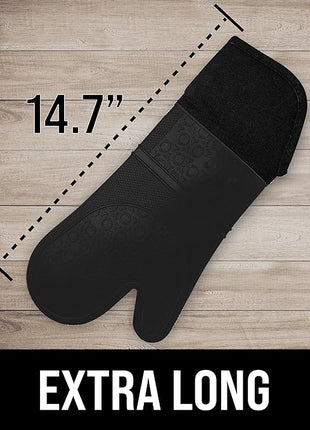 BPA-Free Silicone Oven Mitts Ultra Heat Resistant up to 500°F - Oven Mitts with Thick Cotton Liner - Long Slip Resistant Pot Holders, Flexible Oven Gloves - Black 14.7
