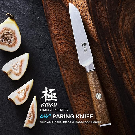 KYOKU 4.5 Inch Paring Knife - Daimyo Series - Fruit Knife with Ergonomic Rosewood Handle, and Mosaic Pin - Japanese 440C Stainless Steel Kitchen Knife with Sheath & Case