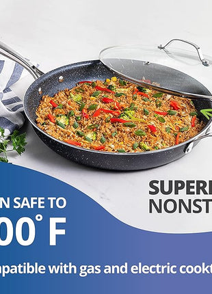 Granitestone 14 Inch Pan for Cooking, Family Sized Large Non Stick Frying Pans Skillet for Eggs, Omelette, with Helper Handle, PFOA PFOS Free Oven & Dishwasher Safe - LID NOT INCLUDED