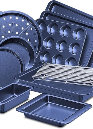 HONGBAKE Bakeware Sets, Baking Pans Set, Nonstick Oven Pan for Kitchen with Wider Grips, 10-Piece Including Rack, Cookie Sheet, Cake Pans, Loaf Pan, Muffin Pan, Pizza Pan - Blue
