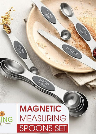 Spring Chef Stainless Steel Magnetic Measuring Spoons Set of 8 with Leveler, Dual Sided Metal Teaspoon & Tablespoon Measuring Spoons - Kitchen Gadgets For Baking and Cooking, Gray