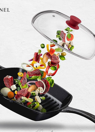 Cuisinel Square Glass Lid for Grill Pans with Steam Vent Hole - 10.5"-inch/26.67cm - Fits Lodge Cast Iron - Fully Assembled Universal Replacement Cover - Tempered and Oven Safe - Reinforced Stainless