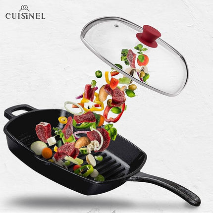 Cuisinel Square Glass Lid for Grill Pans with Steam Vent Hole - 10.5"-inch/26.67cm - Fits Lodge Cast Iron - Fully Assembled Universal Replacement Cover - Tempered and Oven Safe - Reinforced Stainless