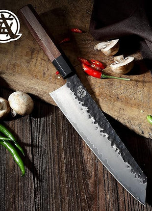 MITSUMOTO SAKARI Kiritsuke Chef Knife 9 inch - Hand Forged Japanese Kitchen Knives, 3-Layer 9CR18MOV High Carbon Steel, Rosewood Handle & Sandalwood Box