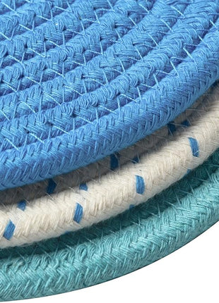 Kitchen Pot Holders Set Trivets Set 100% Pure Cotton Thread Weave Hot Pot Holders Set (Set of 3) Stylish Coasters, Hot Pads, Hot Mats, Spoon Rest for Cooking and Baking by Diameter 7 Inches (Blue)