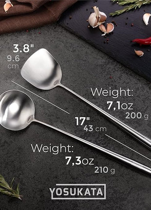 YOSUKATA 17’’ Wok Spatula and Ladle - Set of 2 Heat-Resistant Wok Tools - Universal Wok Ladle and Spatula - High-Grade 304 Stainless Steel Cooking Utensils and Wok Accessories - Solid Wok Utensils