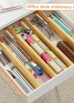 BAMEOS Drawer Divider,Expandable Bamboo Separators Adjustable Utensil Knife Fork Tool Kitchen Organizer, Clothes Fabric Drawer Organizer In Bathroom Bedroom Office, Cabinet Dresser Organizer 4-pack