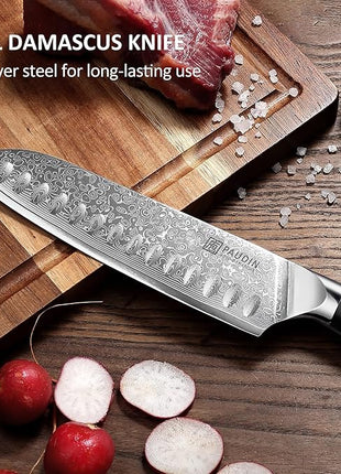 PAUDIN Damascus Knife Set 3 PCS, Japanese VG10 Steel Core, Ultra Sharp Chef Knife Set, Full Tang G10 Handle, Damascus Kitchen Knives